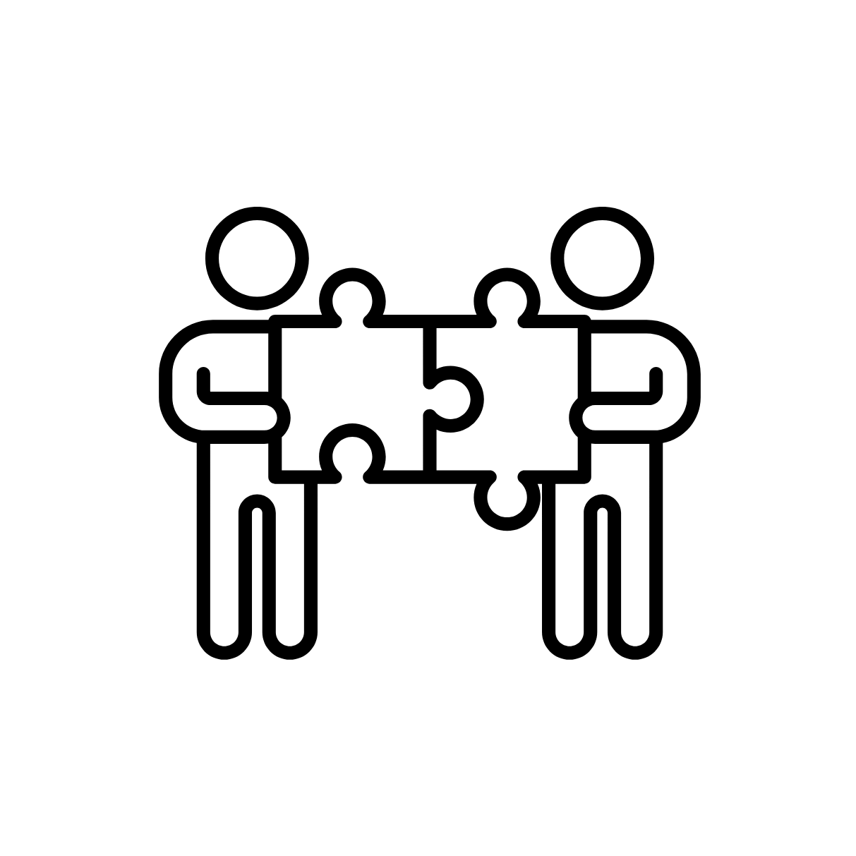 Two stick figures holding a puzzle piece on a white background