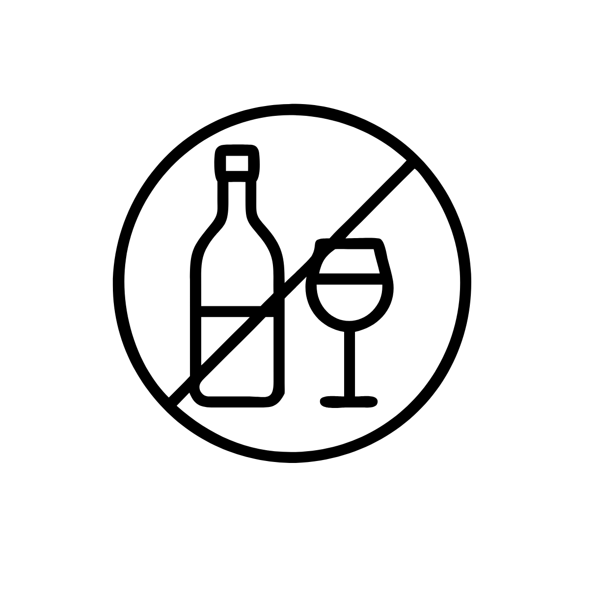 No alcohol symbol with a bottle and wine glass crossed out on a white background
