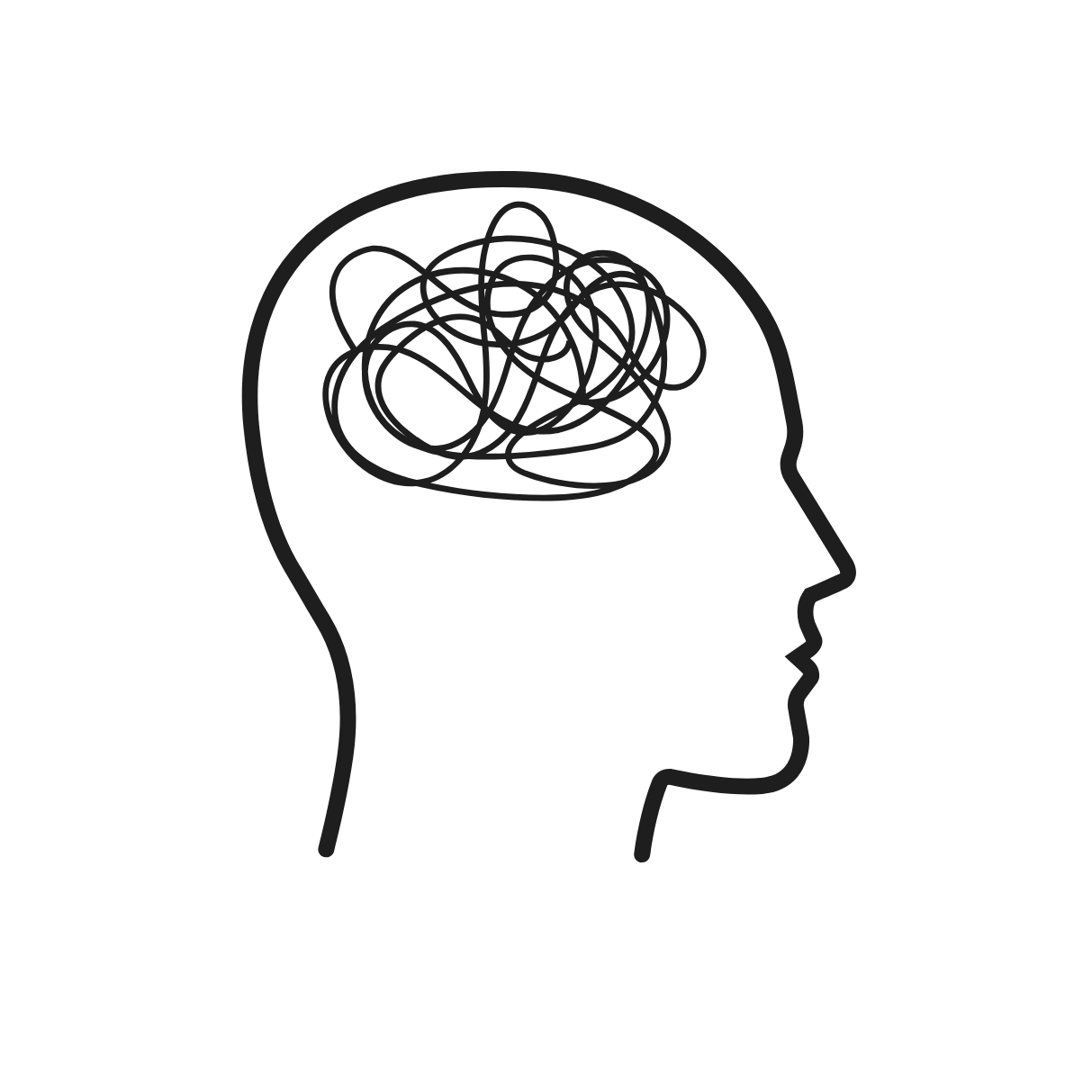 Outline of a human head with a tangled brain inside on a white background